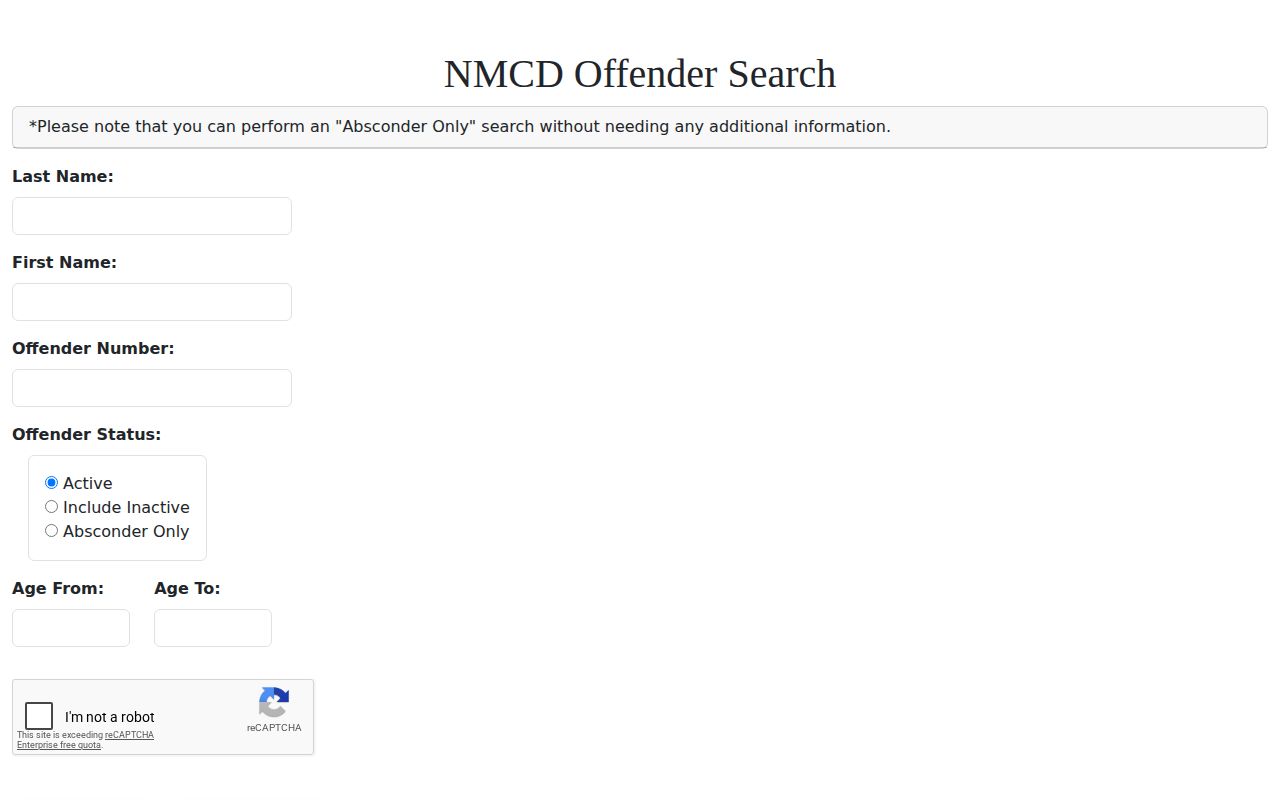 NMCD offender form used to search Harding County state releases